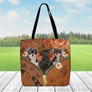 Chihuahua 3 Daisy Flower And Butterfly Tote Bag