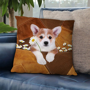 Corgi Holding Daisy Pillow Case