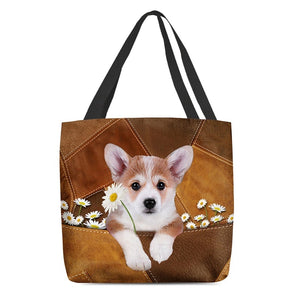 Corgi Holding Daisy All Over Printed Tote Bag