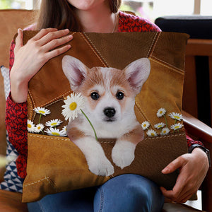 Corgi Holding Daisy Pillow Case