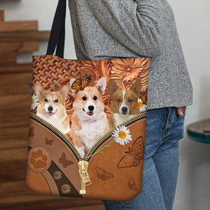 Corgi Daisy Flower And Butterfly Tote Bag