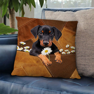 Doberman Holding Daisy Pillow Case