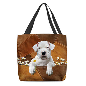 Dogo Argentino Holding Daisy All Over Printed Tote Bag
