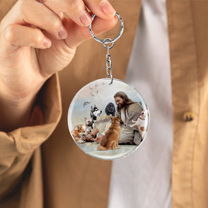 Jesus Surrounded By Dogs-Round Resin Epoxy Metal Keychain