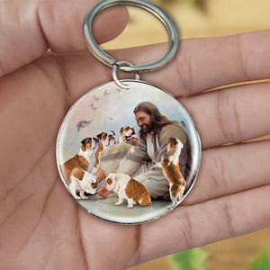 Jesus Surrounded By English Bulldogs-Round Resin Epoxy Metal Keychain