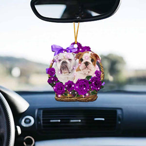 English Bulldog Purple Rose Wicker Basket Car Hanging Ornament