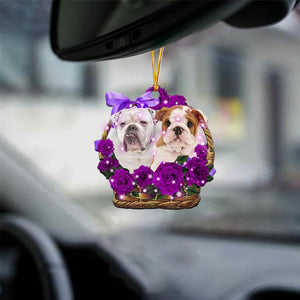 English Bulldog Purple Rose Wicker Basket Car Hanging Ornament