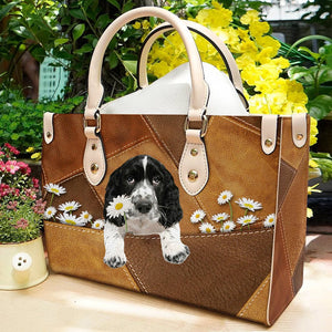 English Springer Spaniel Holding Daisy Leather Bag