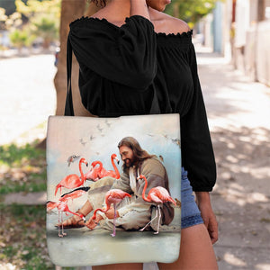 Jesus Surrounded By Flamingos Tote Bag