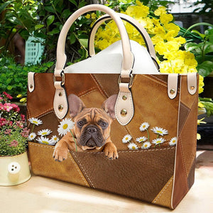 French Bulldog 2 Holding Daisy Leather Bag