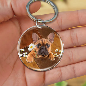 French Bulldog Holding Daisy-Round Resin Epoxy Metal Keychain