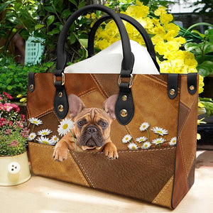 French Bulldog 2 Holding Daisy Leather Bag