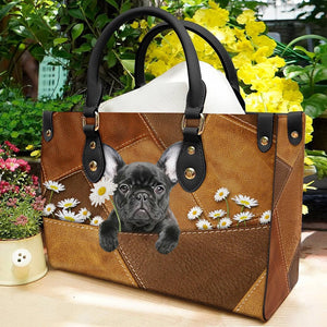 French Bulldog Holding Daisy Leather Bag