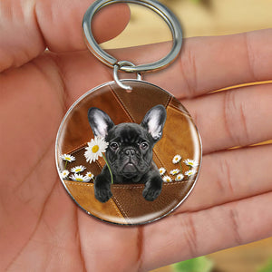 French Bulldog02 Holding Daisy-Round Resin Epoxy Metal Keychain
