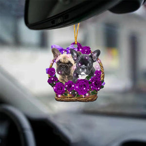 French Bulldog Purple Rose Wicker Basket Car Hanging Ornament
