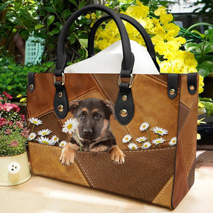 German Shepherd 2 Holding Daisy Leather Bag
