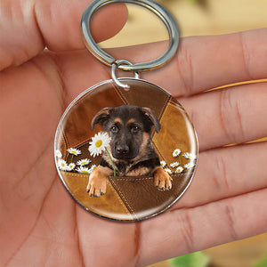 German Shepherd Holding Daisy-Round Resin Epoxy Metal Keychain