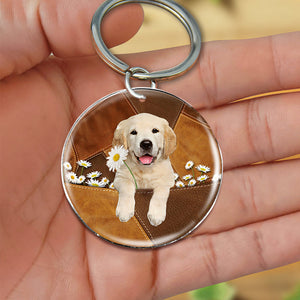 Golden Retriever02 Holding Daisy-Round Resin Epoxy Metal Keychain