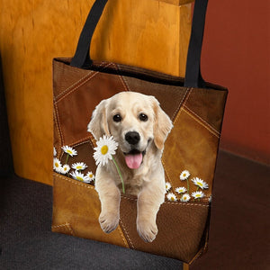 Golden Retriever Holding Daisy All Over Printed Tote Bag