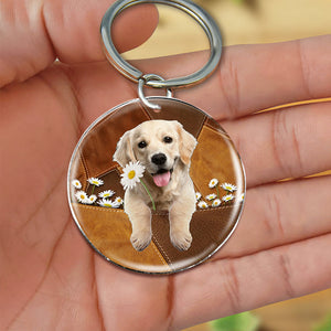 Golden Retriever Holding Daisy-Round Resin Epoxy Metal Keychain