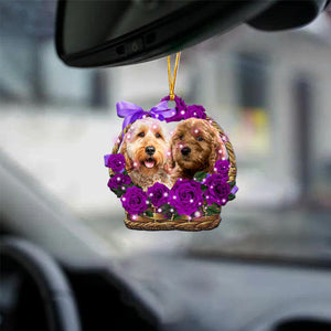 Goldendoodle2 Purple Rose Wicker Basket Car Hanging Ornament