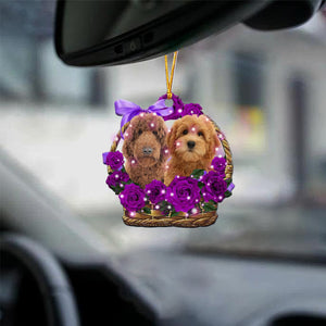 Goldendoodle Purple Rose Wicker Basket Car Hanging Ornament