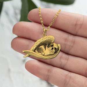 Gold white shih tzu Sleeping Angel Necklace