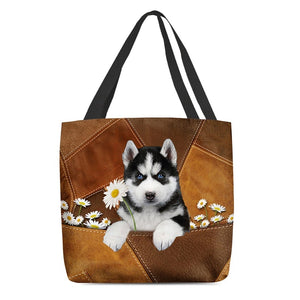 Husky Holding Daisy All Over Printed Tote Bag