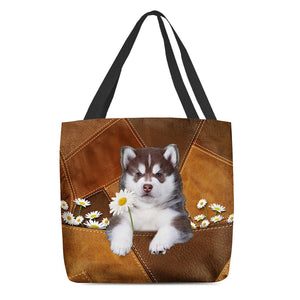Husky Holding Daisy All Over Printed Tote Bag