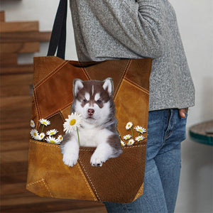 Husky Holding Daisy All Over Printed Tote Bag