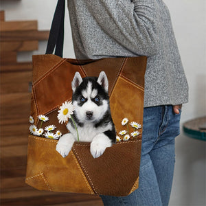 Husky Holding Daisy All Over Printed Tote Bag