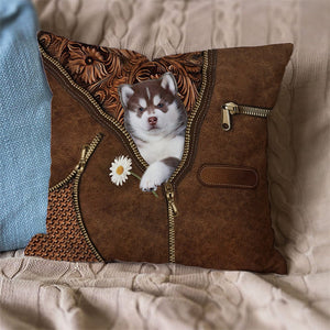 Husky 2 Holding Daisy Pillow Case