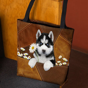Husky Holding Daisy All Over Printed Tote Bag