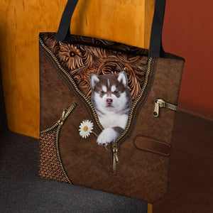 Husky Holding Daisy Tote Bag