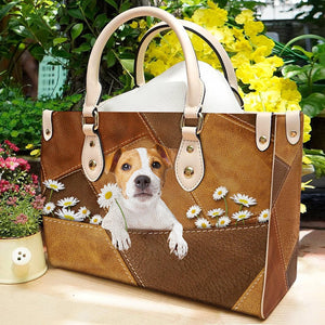 Jack Russell Terrier 2 Holding Daisy Leather Bag