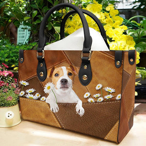 Jack Russell Terrier 2 Holding Daisy Leather Bag