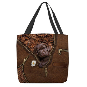 Chocolate Labrador Retriever Holding Daisy Tote Bag