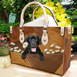 Labrador Retriever 2 Holding Daisy Leather Bag