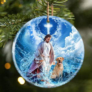 Yellow Labrador Retriever And God Walking On The Ocean Wave Porcelain/Ceramic Ornament