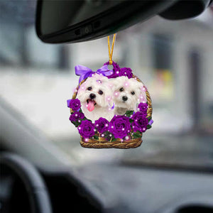 Maltese Purple Rose Wicker Basket Car Hanging Ornament