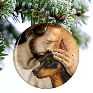 Miniature Pinscher With Jesus Porcelain/Ceramic Ornament