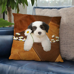 Old English Sheepdog Holding Daisy Pillow Case