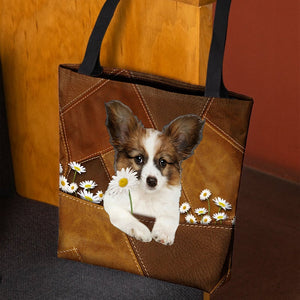 Papillon Holding Daisy All Over Printed Tote Bag