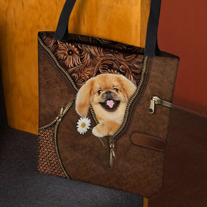 Pekingese Holding Daisy Tote Bag