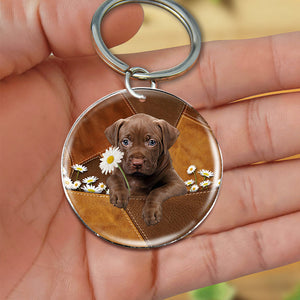 Pitbull Holding Daisy-Round Resin Epoxy Metal Keychain