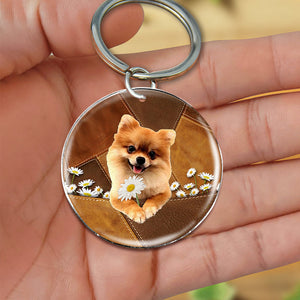 Pomeranian Holding Daisy-Round Resin Epoxy Metal Keychain
