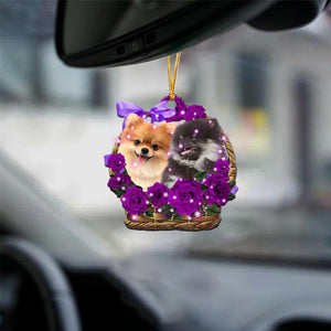 Pomeranian Purple Rose Wicker Basket Car Hanging Ornament