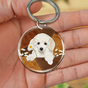 Poodle02 Holding Daisy-Round Resin Epoxy Metal Keychain