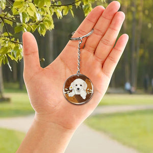 Poodle02 Holding Daisy-Round Resin Epoxy Metal Keychain