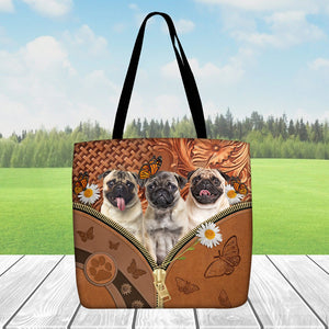 Pug Daisy Flower And Butterfly Tote Bag